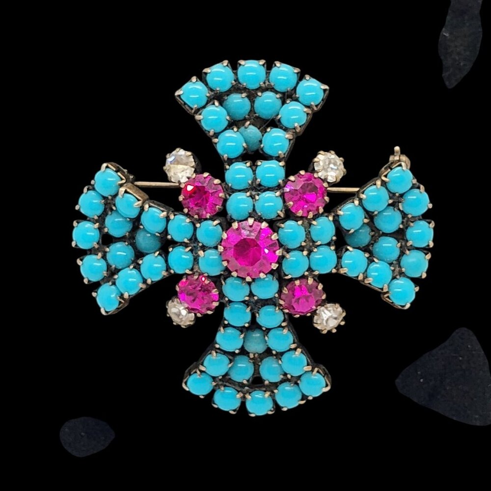 Vtg Designer Maltese Cross Brooch Gold Faux Turquoise Pink & Clear Rhinestones
